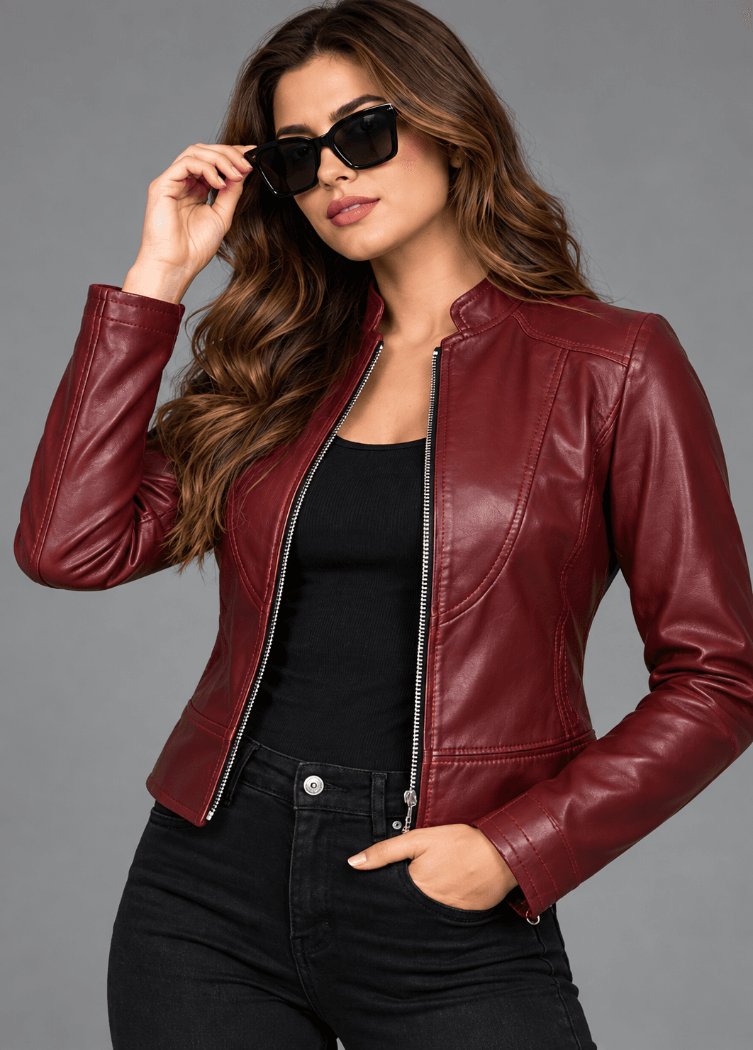 Women’s Slim Fit Maroon Leather Biker Jacket – Bold Fit, Timeless Appeal